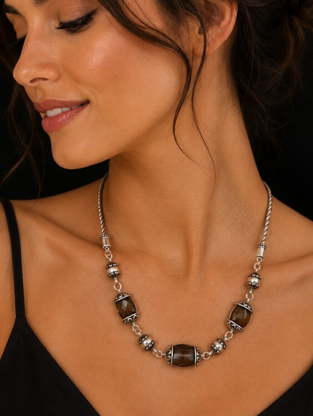 BRIGHTON Silver Plated Smoky Quartz Chain Necklace